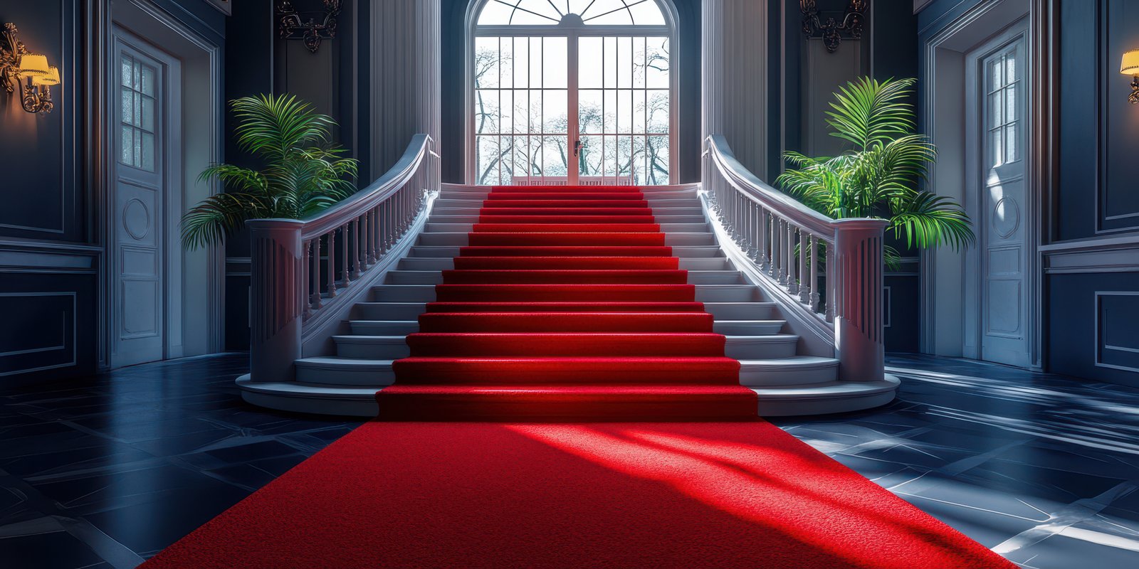Elegant staircase with red carpet leading to large window in a luxurious indoor space during daytime